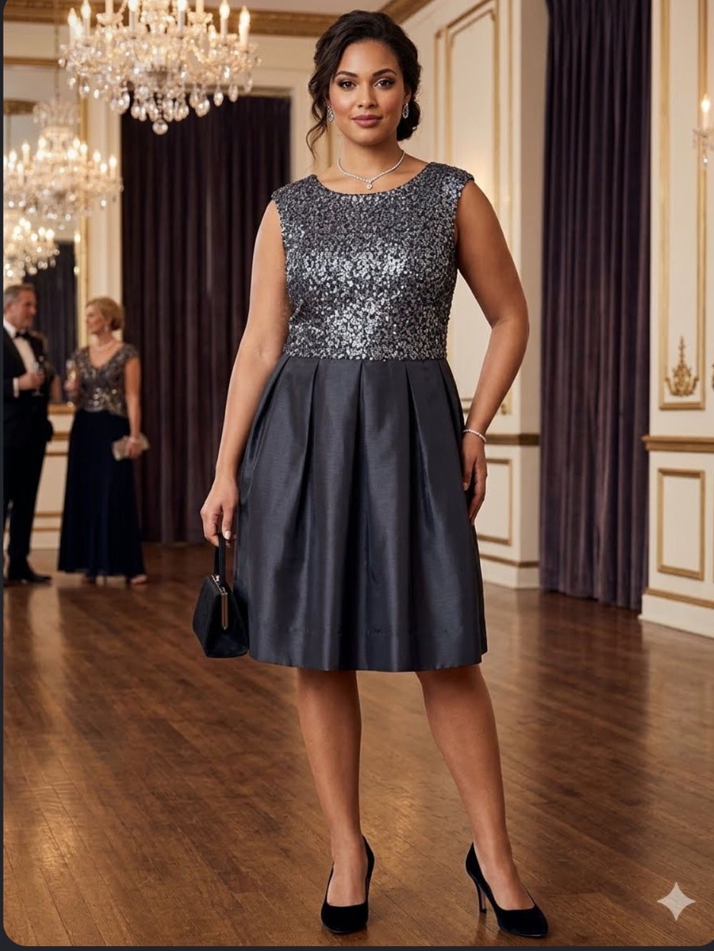 MONIQUE LHUILLIER SZ 14 PLUS SIZE HIGH UP COCKTAIL DRESS SEQUIN PLEATED